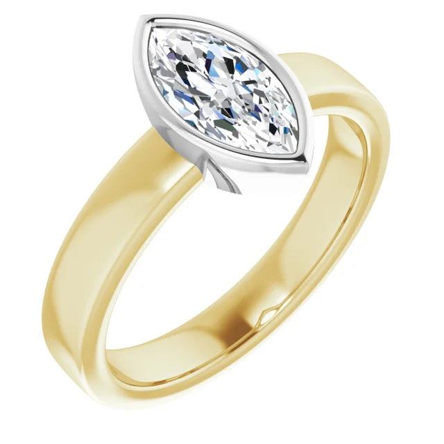 14K Yellow/White 10x5 mm Marquise Solitaire Engagement Ring With Lab Diamonds. 1.5ct Center Stone. VS Clarity, F Color