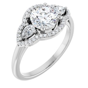 14K White Gold 6.5 mm Round Three-Stone Halo-Style Engagement Ring. 126047:285:P