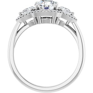 14K White Gold 6.5 mm Round Three-Stone Halo-Style Engagement Ring. 126047:285:P