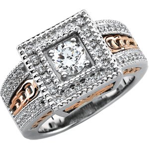 14K White/Rose Gold 5.2 mm Round Sculptural Inspired Halo-Style Accented Engagement Ring. 121346:100001:P