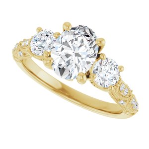 14K Yellow Gold 8x6 mm Oval Three-Stone Accented Engagement Ring. 126129:346:P