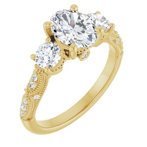 14K Yellow Gold 8x6 mm Oval Three-Stone Accented Engagement Ring. 126129:346:P