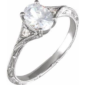 14K White Gold 8x6 mm Oval .02 CTW Diamond Hand-Engraved Hand-Applied Milgrain Accented Engagement Ring. 688909:600:P