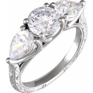 14K White Gold 7 mm Round Hand-Engraved Hand-Applied Milgrain Three-Stone Accented Engagement Ring. 688913:100:P