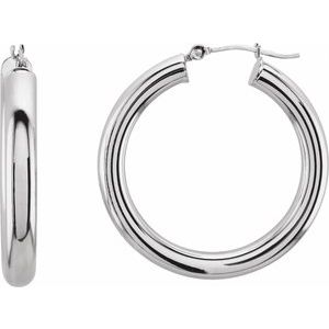 14K White Gold Tube 30 mm / 4 mm Hoop Earrings. 20827:1006:P