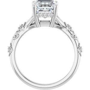 14K White Gold 7 mm Asscher Hidden Halo-Style Floral Accented Engagement Ring. 126485:104:P