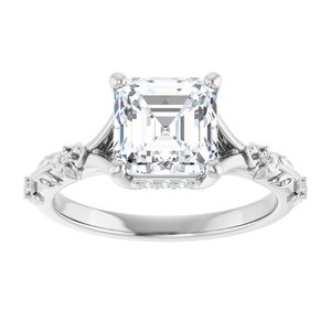 14K White Gold 7 mm Asscher Hidden Halo-Style Floral Accented Engagement Ring. 126485:104:P