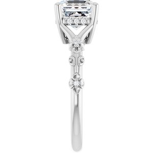 14K White Gold 7 mm Asscher Hidden Halo-Style Floral Accented Engagement Ring. 126485:104:P