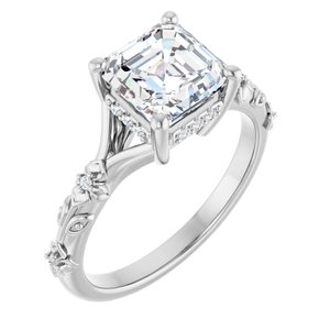14K White Gold 7 mm Asscher Hidden Halo-Style Floral Accented Engagement Ring. 126485:104:P