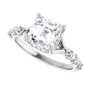 14K White Gold 7 mm Asscher Hidden Halo-Style Floral Accented Engagement Ring. 126485:104:P