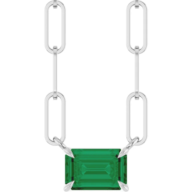 14K White 6x4 mm Lab-Grown Emerald Solitaire 18" Necklace