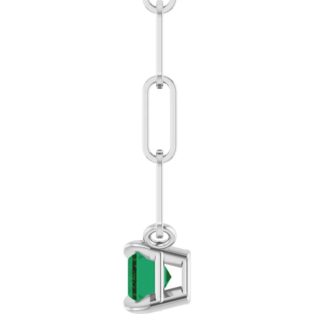 14K White 6x4 mm Lab-Grown Emerald Solitaire 18" Necklace