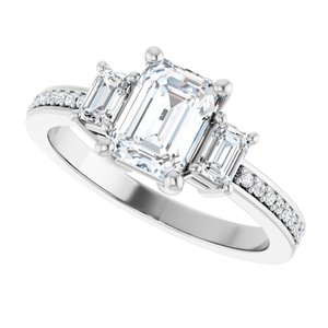 14K White Gold 7x5 mm Emerald Three-Stone Accented Engagement Ring. 126603:179:P