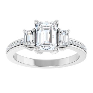 14K White Gold 7x5 mm Emerald Three-Stone Accented Engagement Ring. 126603:179:P