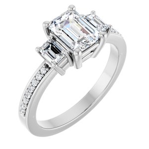 14K White Gold 7x5 mm Emerald Three-Stone Accented Engagement Ring. 126603:179:P