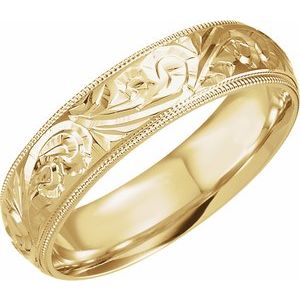 14K Yellow Gold 6 mm Hand-Engraved Milgrain Stepped-Edge Sculptural Comfort-Fit Half Round Men's Band. 50061:144959:P