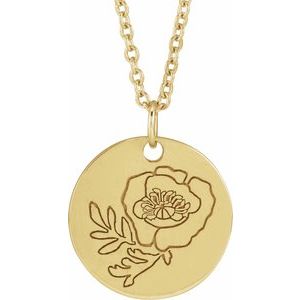 14K Yellow Gold Poppy August Birth Flower 16-18" Necklace. 88529:190:P