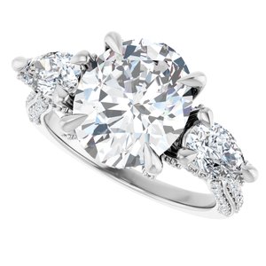 18K White Gold 11x9 mm Oval Three-Stone Hidden Halo-Style Accented Engagement Ring. 126639:784:P