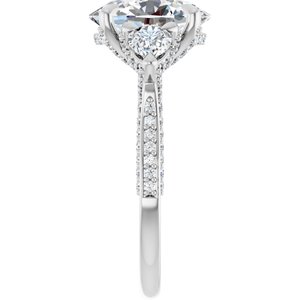 18K White Gold 11x9 mm Oval Three-Stone Hidden Halo-Style Accented Engagement Ring. 126639:784:P