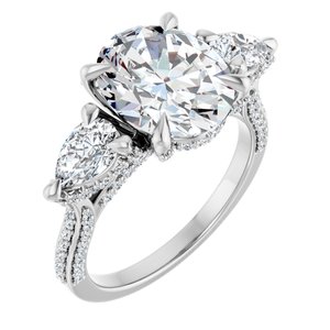 18K White Gold 11x9 mm Oval Three-Stone Hidden Halo-Style Accented Engagement Ring. 126639:784:P