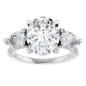 18K White Gold 11x9 mm Oval Three-Stone Hidden Halo-Style Accented Engagement Ring. 126639:784:P