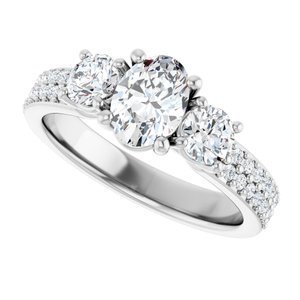 14K White Gold 7x5 mm Oval Three-Stone Accented Engagement Ring. 126641:788:P