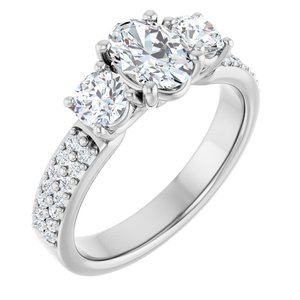 14K White Gold 7x5 mm Oval Three-Stone Accented Engagement Ring. 126641:788:P