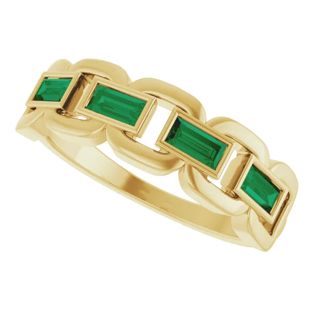 14K Yellow Lab-Grown Emerald Chain Link Ring