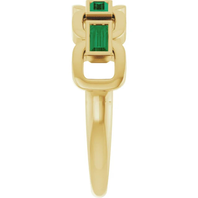 14K Yellow Lab-Grown Emerald Chain Link Ring