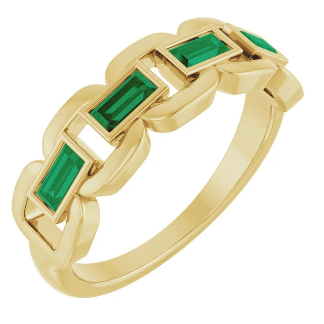 14K Yellow Lab-Grown Emerald Chain Link Ring