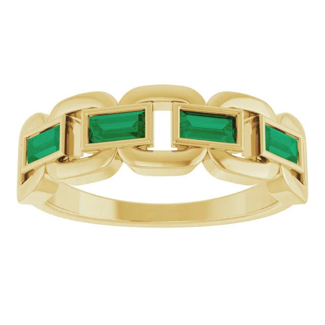 14K Yellow Lab-Grown Emerald Chain Link Ring