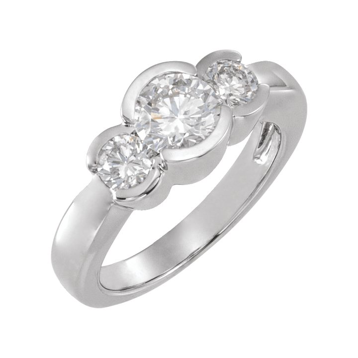 14K White Gold 6.5 mm Round Bezel-Set Three-Stone Engagement Ring. 120411:255579:P