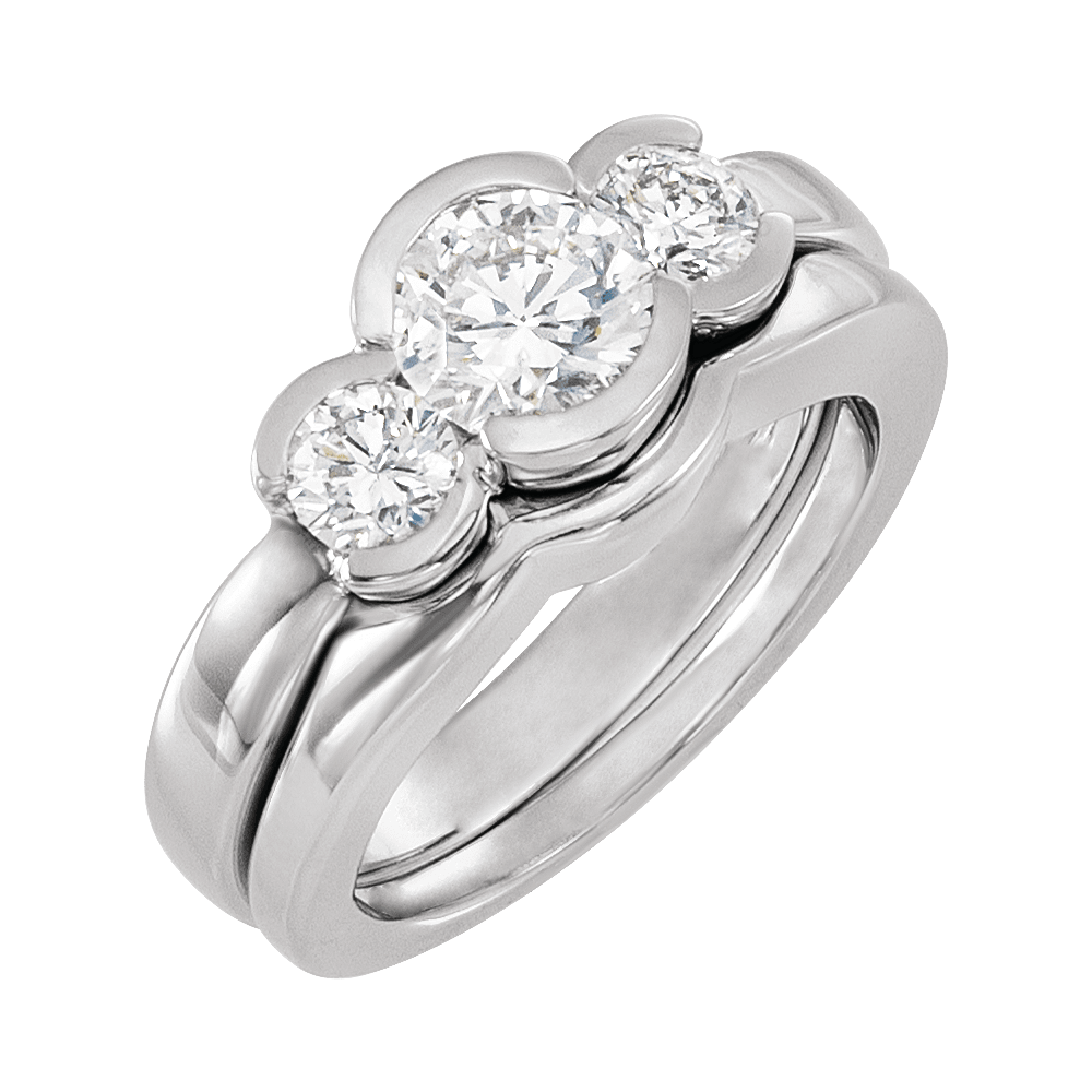 14K White Gold 6.5 mm Round Bezel-Set Three-Stone Engagement Ring. 120411:255579:P