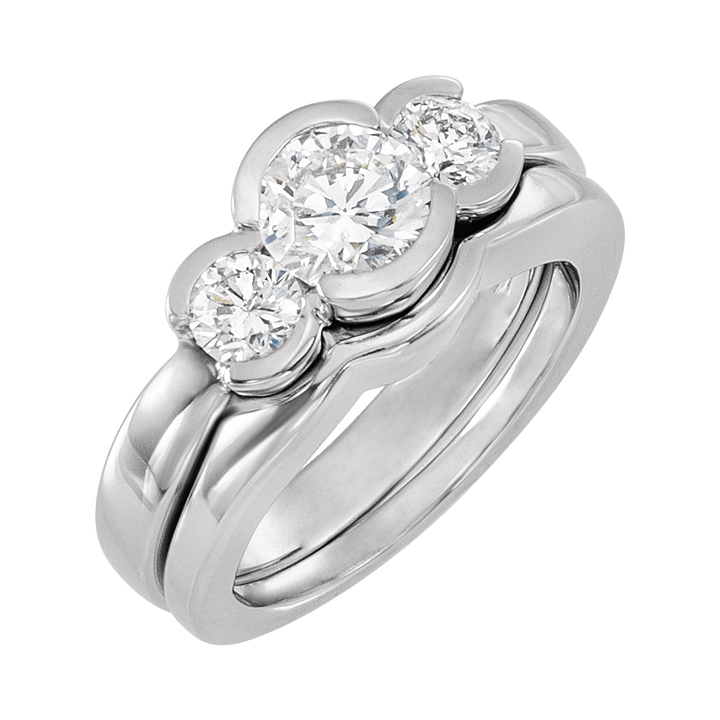 14K White Gold 6.5 mm Round Bezel-Set Three-Stone Engagement Ring. 120411:255579:P
