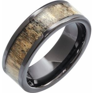 Black Ceramic Antler Wood Inlay 6 mm Comfort-Fit Flat Band. 57967:106:P