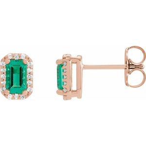 14K Rose Gold Lab-Grown Emerald & 1/4 CTW Diamond Halo-Style Earrings. 88544:168:P