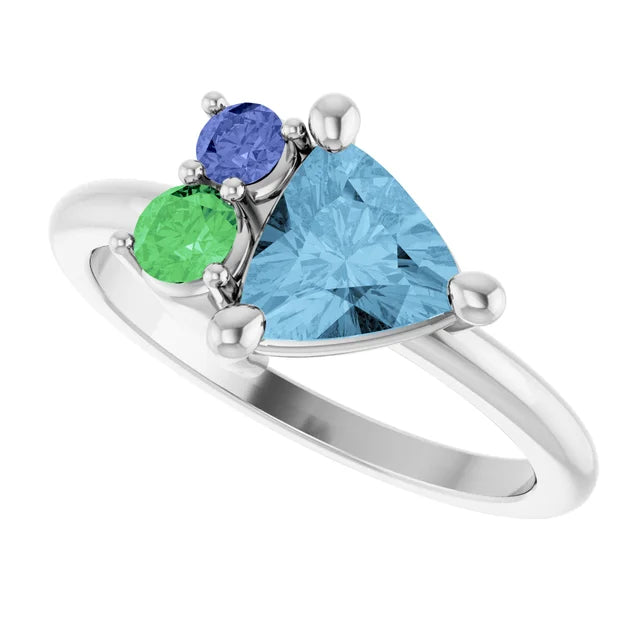 14K White Natural Sky Blue Topaz, Natural Tsavorite Garnet & Natural Tanzanite Ring