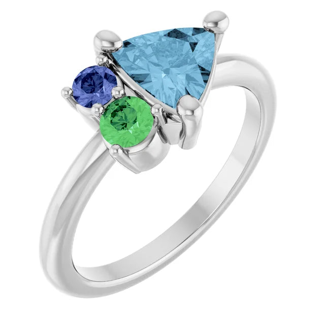 14K White Natural Sky Blue Topaz, Natural Tsavorite Garnet & Natural Tanzanite Ring