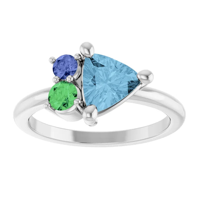14K White Natural Sky Blue Topaz, Natural Tsavorite Garnet & Natural Tanzanite Ring