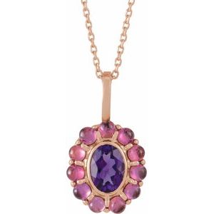 14K Rose Gold Natural Amethyst & Natural Rhodolite Garnet Halo-Style 16-18" Necklace. 88624:132:P