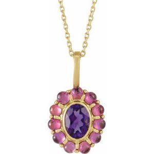14K Yellow Gold Natural Amethyst & Natural Rhodolite Garnet Halo-Style 16-18" Necklace. 88624:129:P