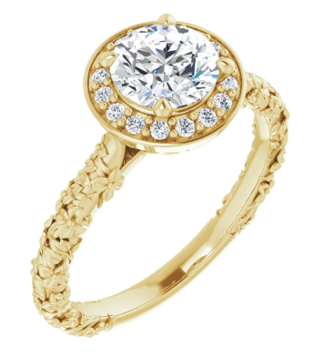 14K Yellow Gold 6.5 mm Round 1/10 CTW Diamond Floral Halo-Style Accented Engagement Ring. 123752:605:P