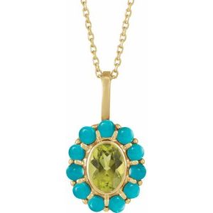 14K Yellow Gold Natural Peridot & Natural Turquoise Halo-Style 16-18" Necklace. 88624:122:P