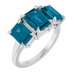 14K White Gold 8x6 mm Emerald Natural London Blue Topaz Three-Stone Ring. 72442:60001:P