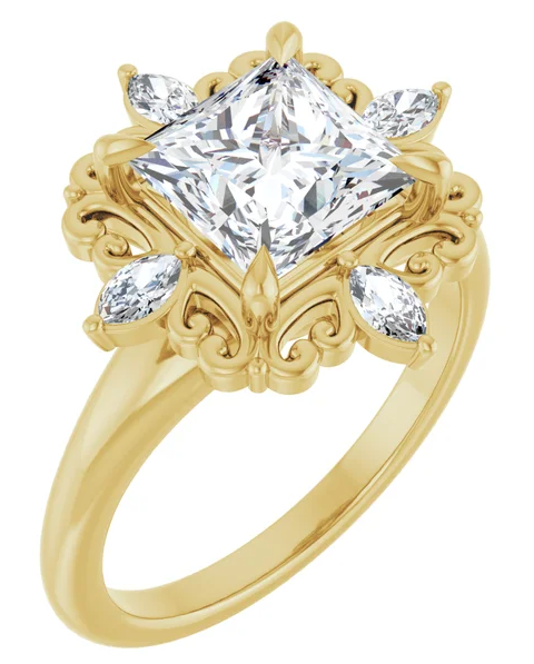 14K Halo Yellow Gold 7 x 7 mm Square Engagement Ring