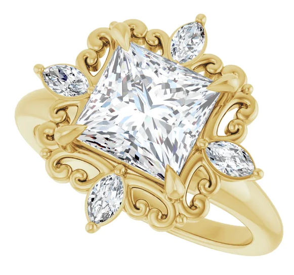 14K Halo Yellow Gold 7 x 7 mm Square Engagement Ring