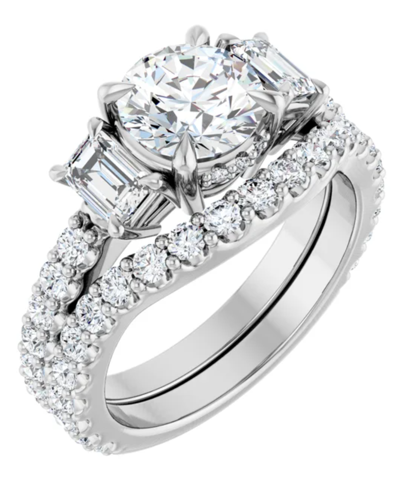 14K White Gold 7 mm Round Hidden Halo-Style Three-Stone Accented Engagement Ring. 127000:1140:P