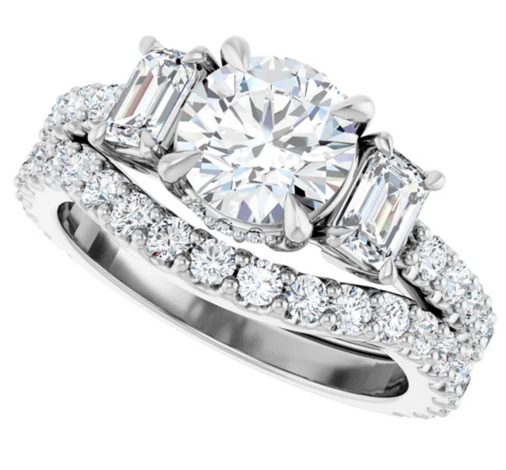 14K White Gold 7 mm Round Hidden Halo-Style Three-Stone Accented Engagement Ring. 127000:1140:P