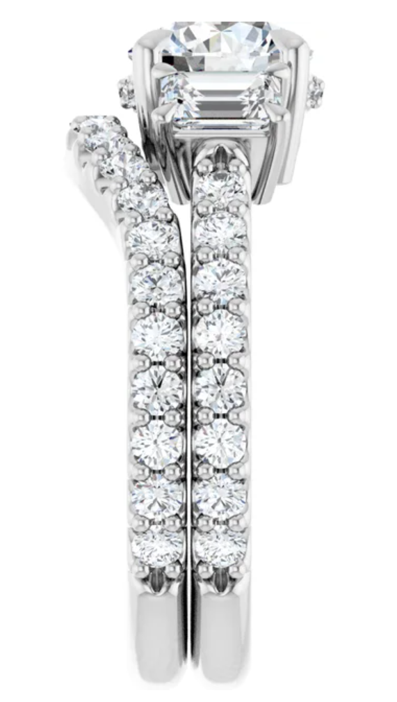 14K White Gold 7 mm Round Hidden Halo-Style Three-Stone Accented Engagement Ring. 127000:1140:P