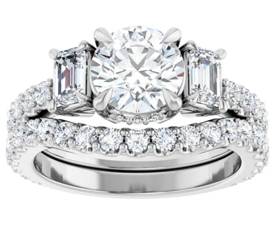 14K White Gold 7 mm Round Hidden Halo-Style Three-Stone Accented Engagement Ring. 127000:1140:P